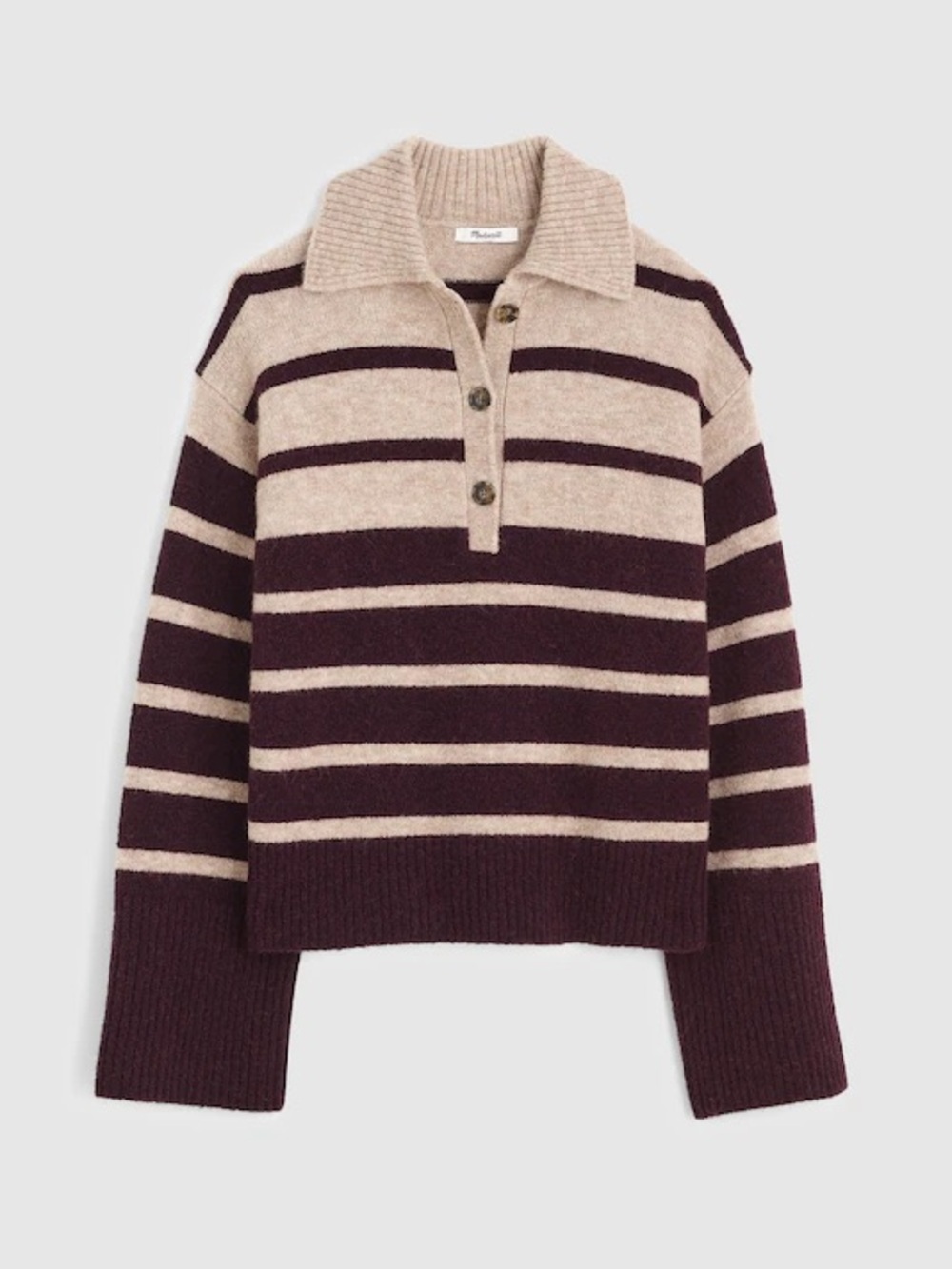 Madewell CloudSoft Polo Sweater size S/Small Stripe Collared Cream Maroon